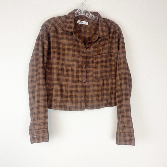 Hollister Shirt Womens Small‎ Cropped Button Up Brown Western Cowgirl Collared S - Picture 1 of 7